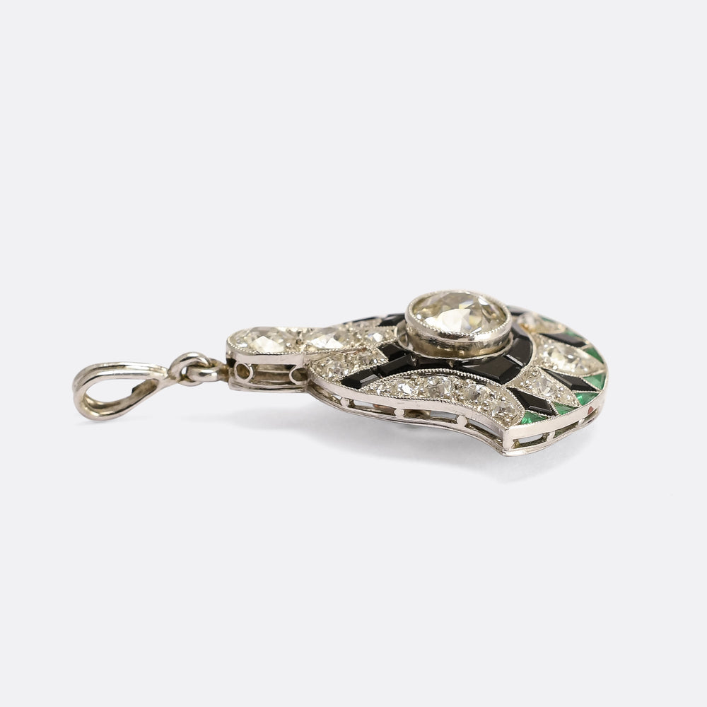 Art Deco Diamond, Onyx & Emerald Lotus Flower Pendant
