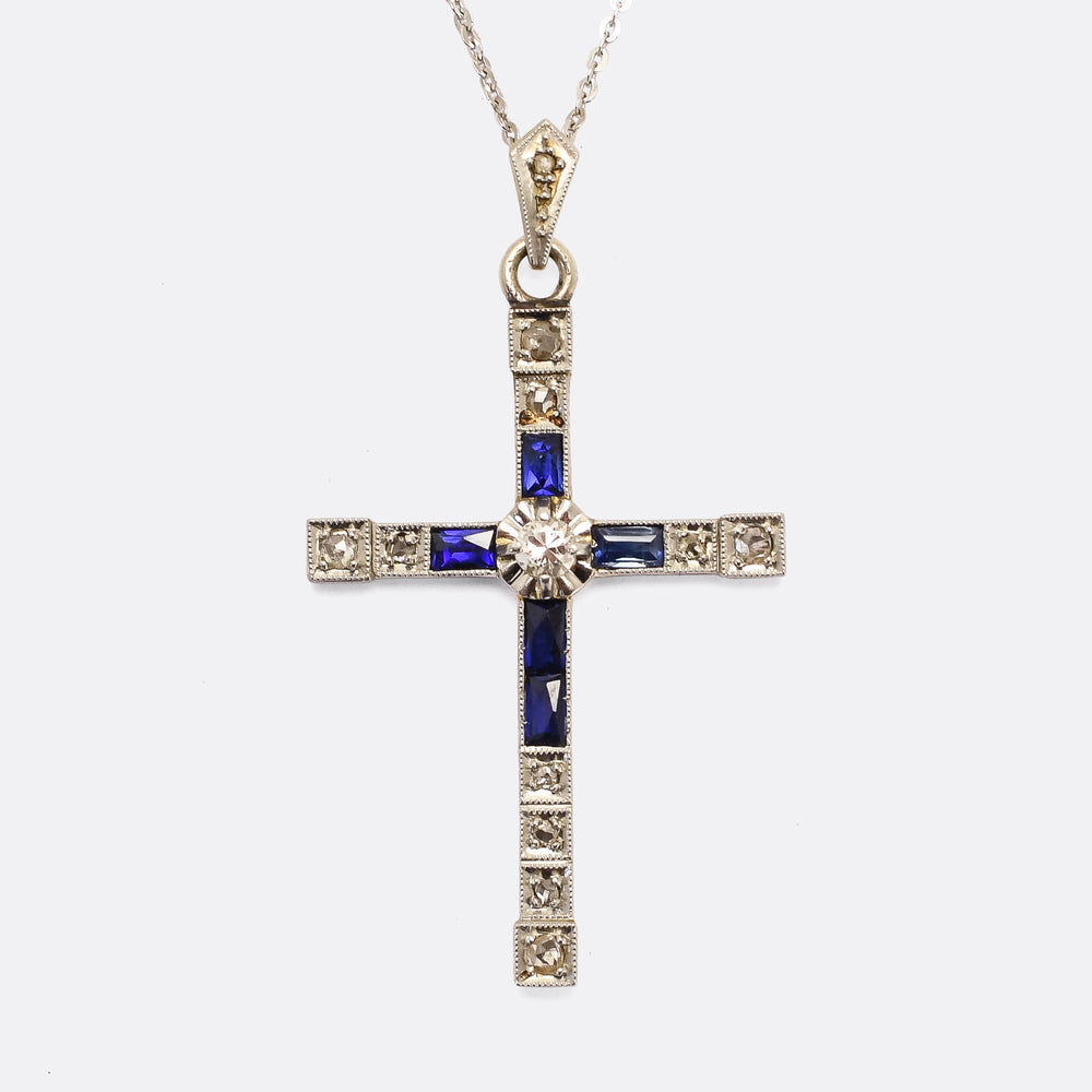 Art Deco Diamond & Sapphire Millegrain Cross Pendant