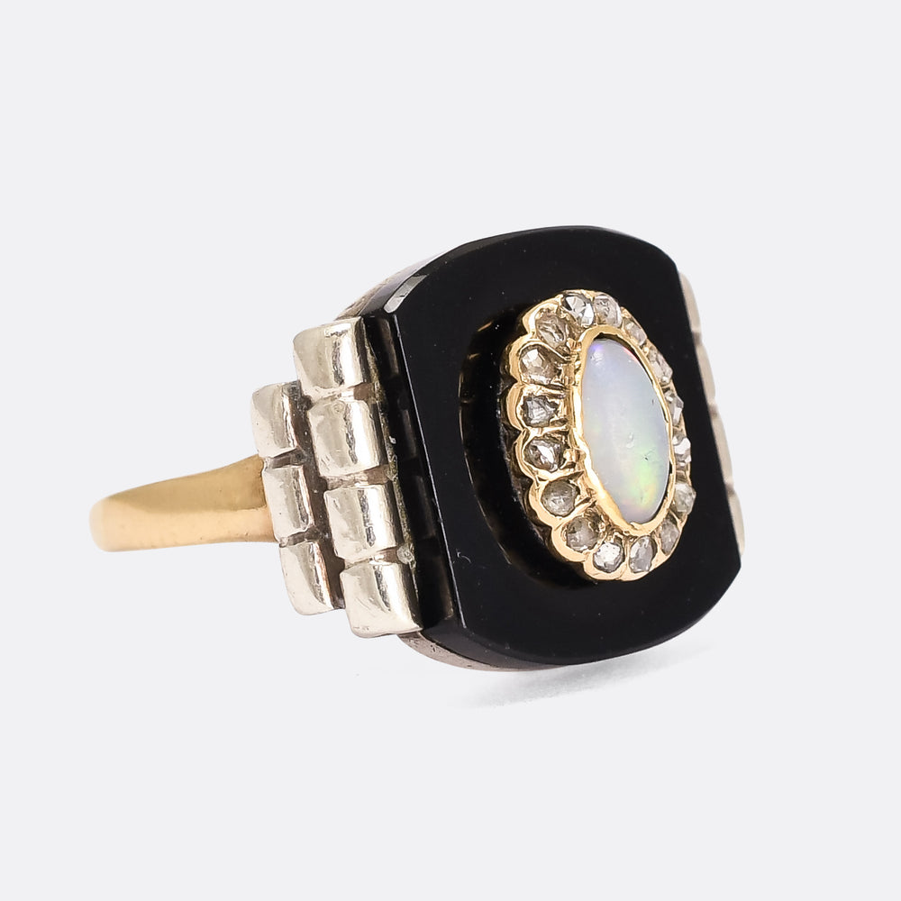 Art Deco Opal Diamond & Onyx Panel Cocktail Ring