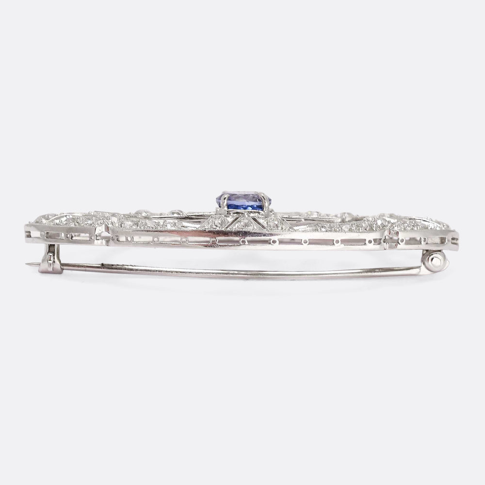 Art Deco Openworked Sapphire & Diamond Lozenge Brooch