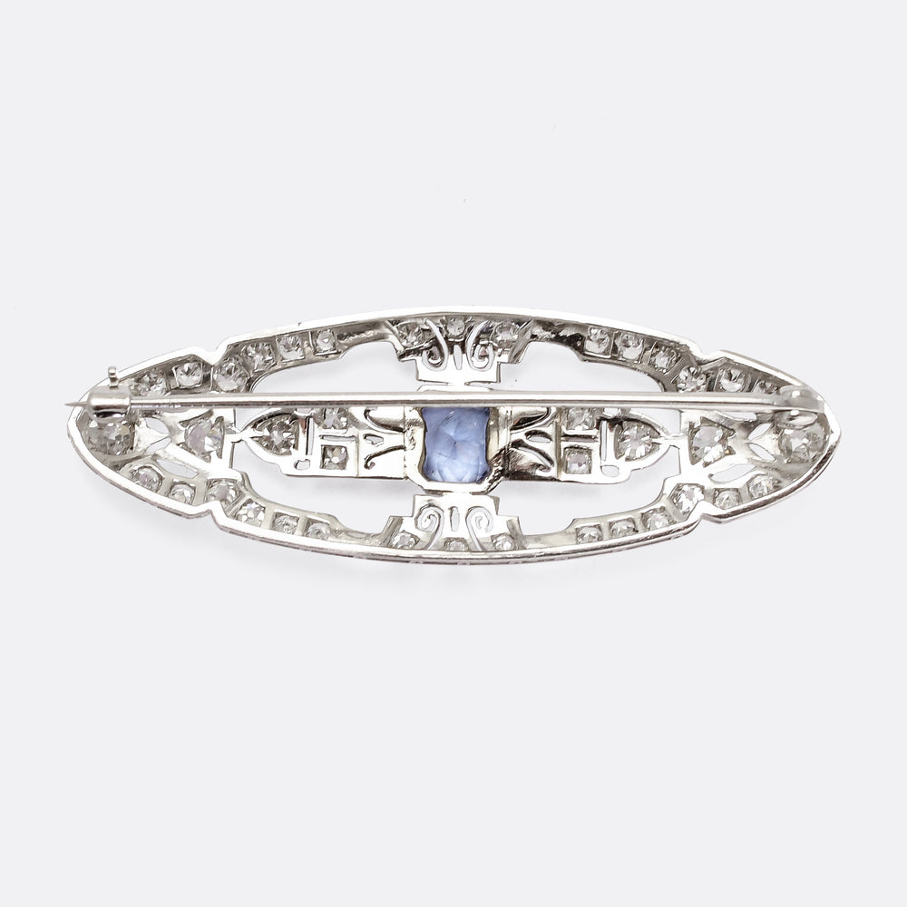 Art Deco Openworked Sapphire & Diamond Lozenge Brooch