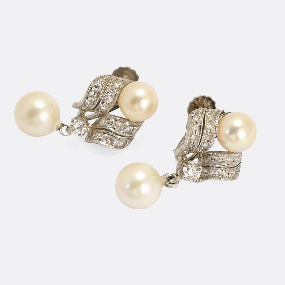 Art Deco Pearl & Diamond Screwback Earrings