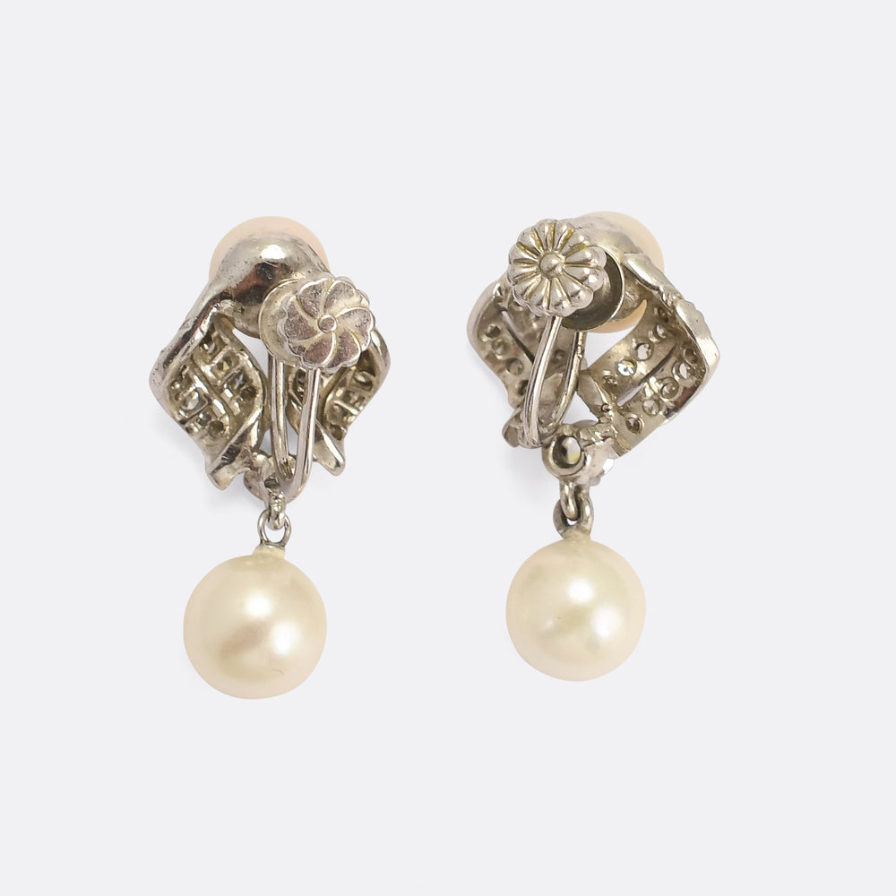 Art Deco Pearl & Diamond Screwback Earrings