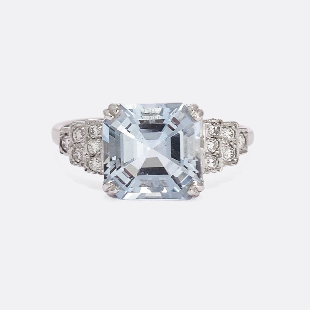 Art Deco Revival 3.14ct Aquamarine Stepped Shoulders Cocktail Ring