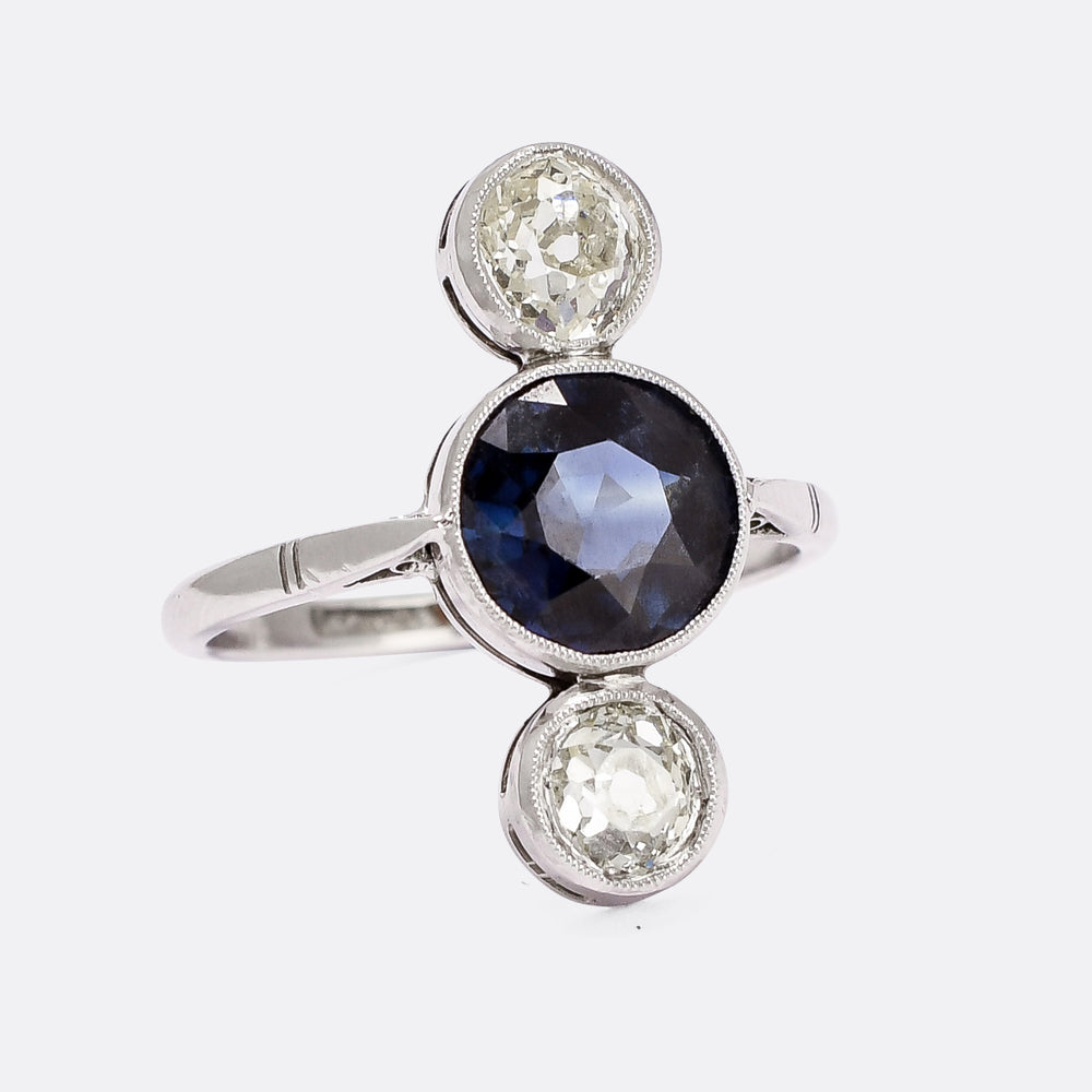 Art Deco Sapphire & Diamond North-South Trilogy Ring