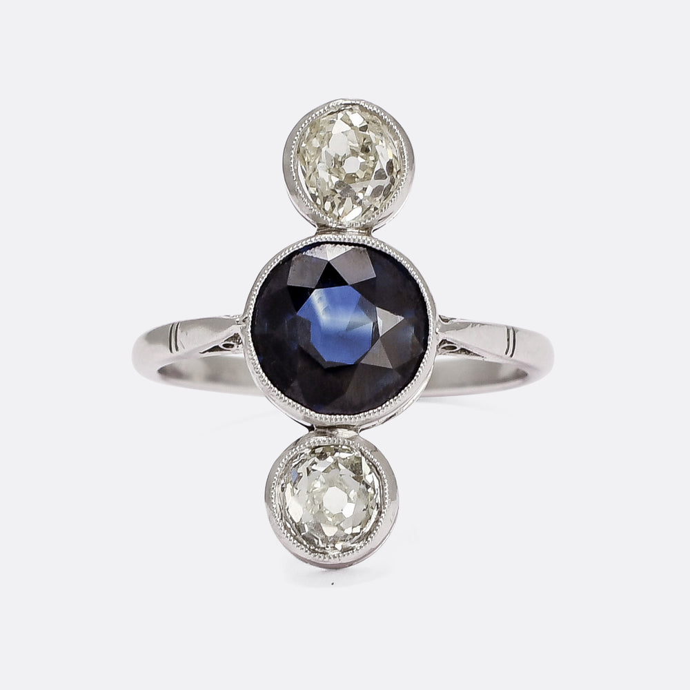 Art Deco Sapphire & Diamond North-South Trilogy Ring