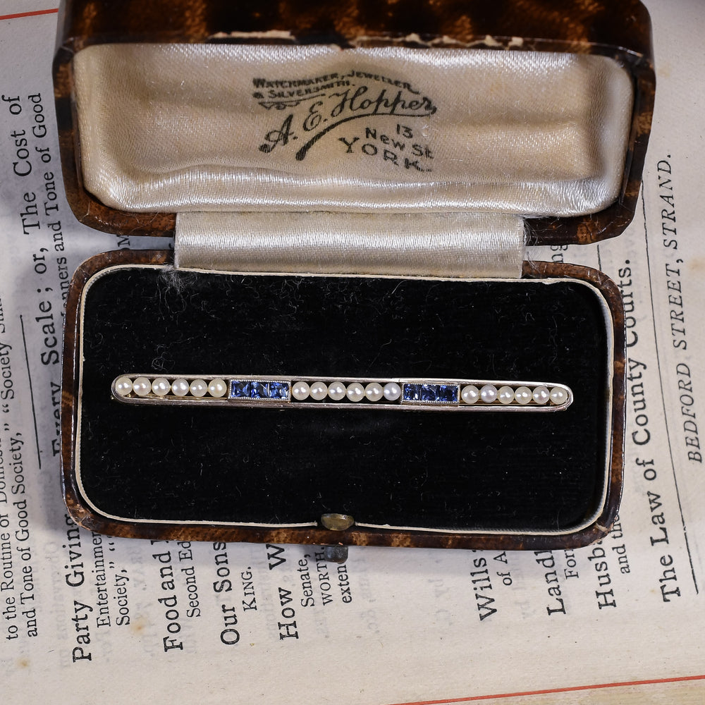 Art Deco Sapphire & Pearl Bar Brooch
