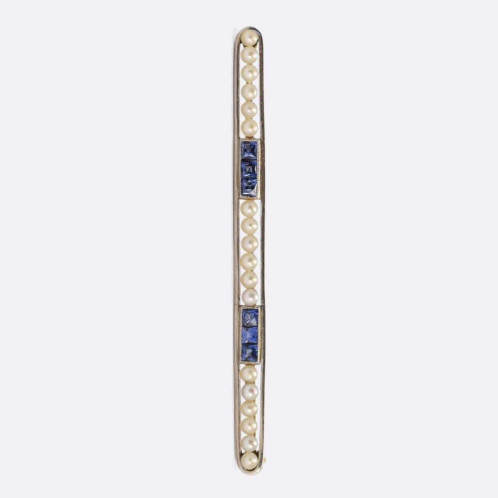 Art Deco Sapphire & Pearl Bar Brooch