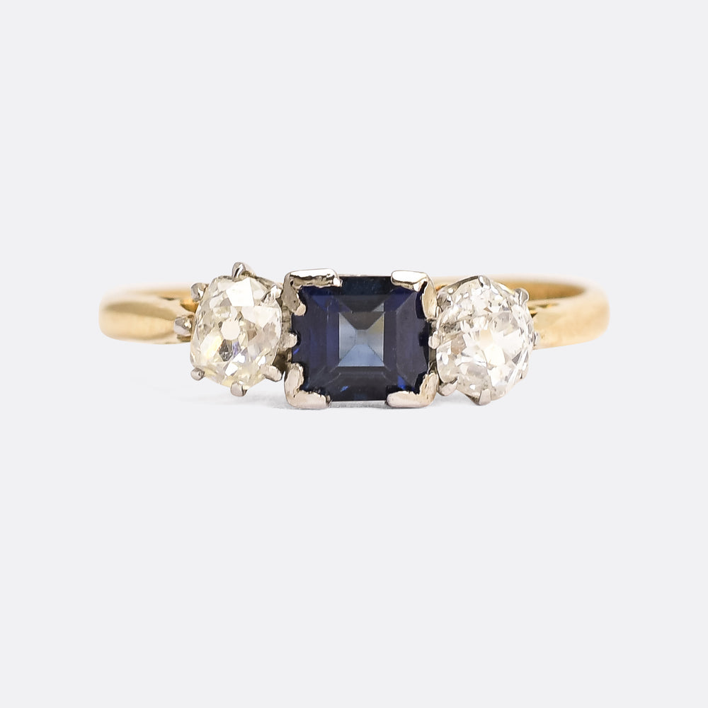 Art Deco Square Sapphire & Diamond Trilogy Ring