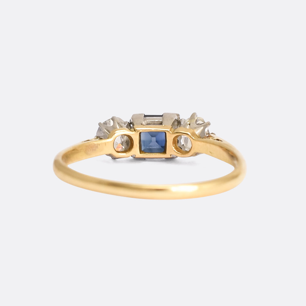 Art Deco Square Sapphire & Diamond Trilogy Ring