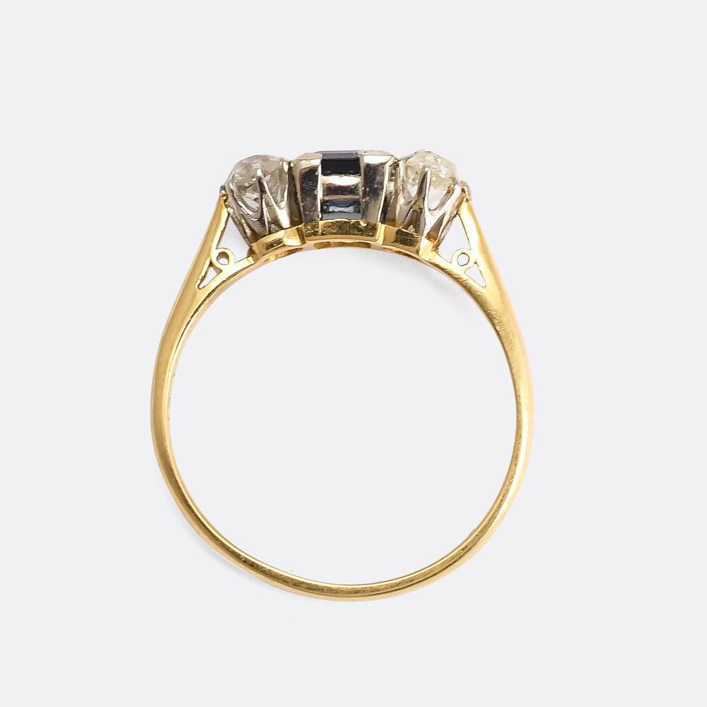 Art Deco Square Sapphire & Diamond Trilogy Ring