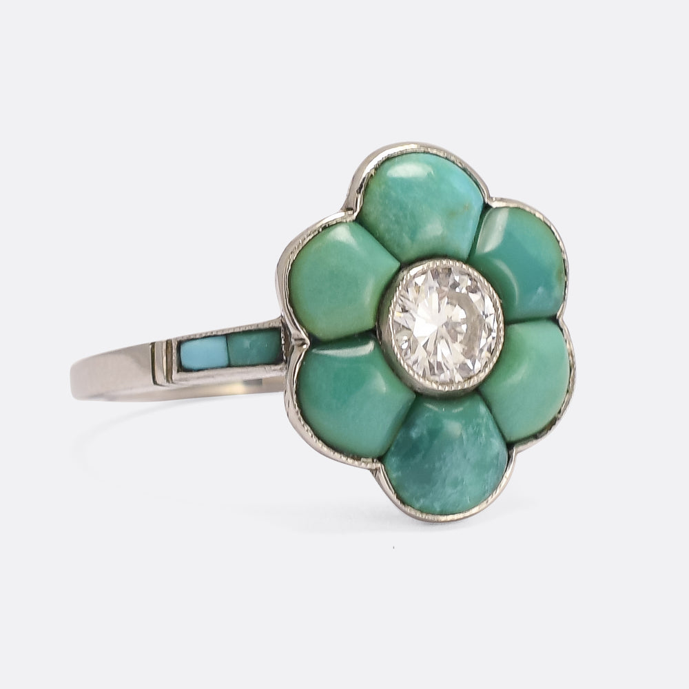 Art Deco Turquoise & Diamond Flower Cluster Ring