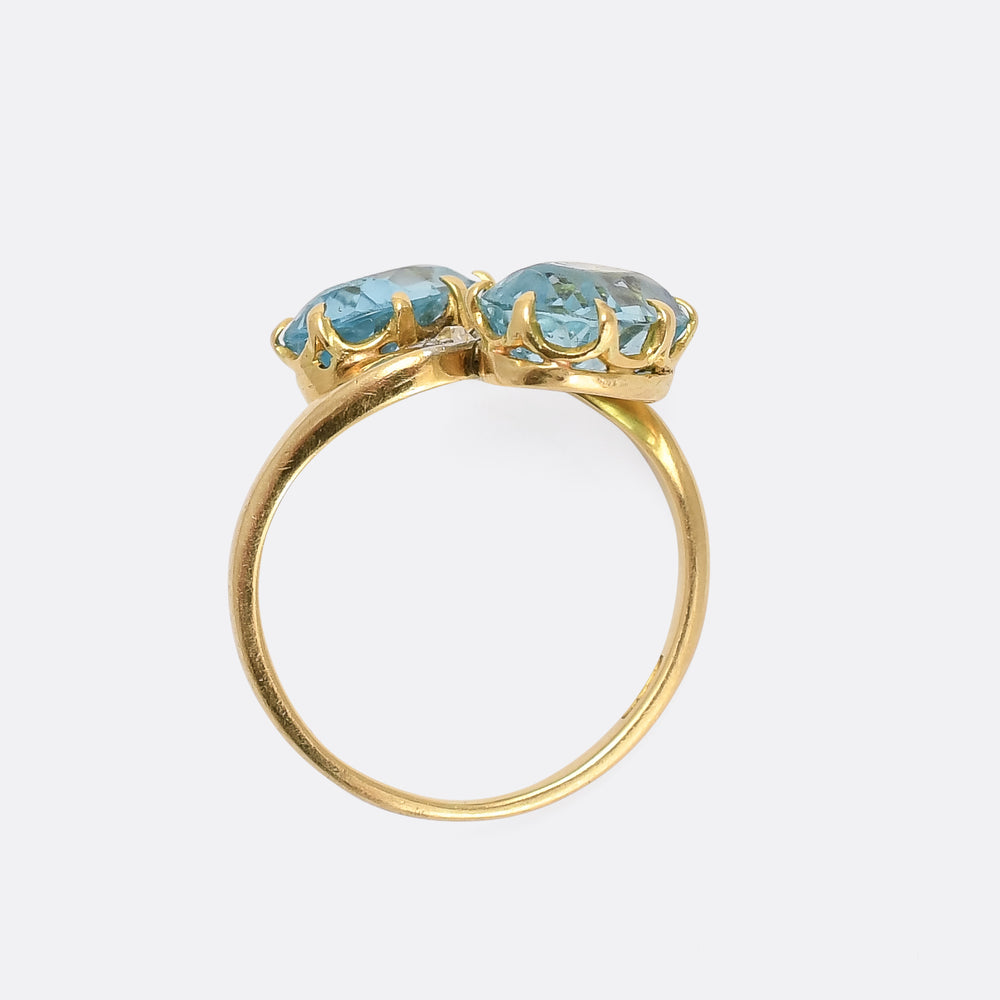 Art Nouveau Aquamarine & Diamond 'Toi Et Moi' Crossover Ring