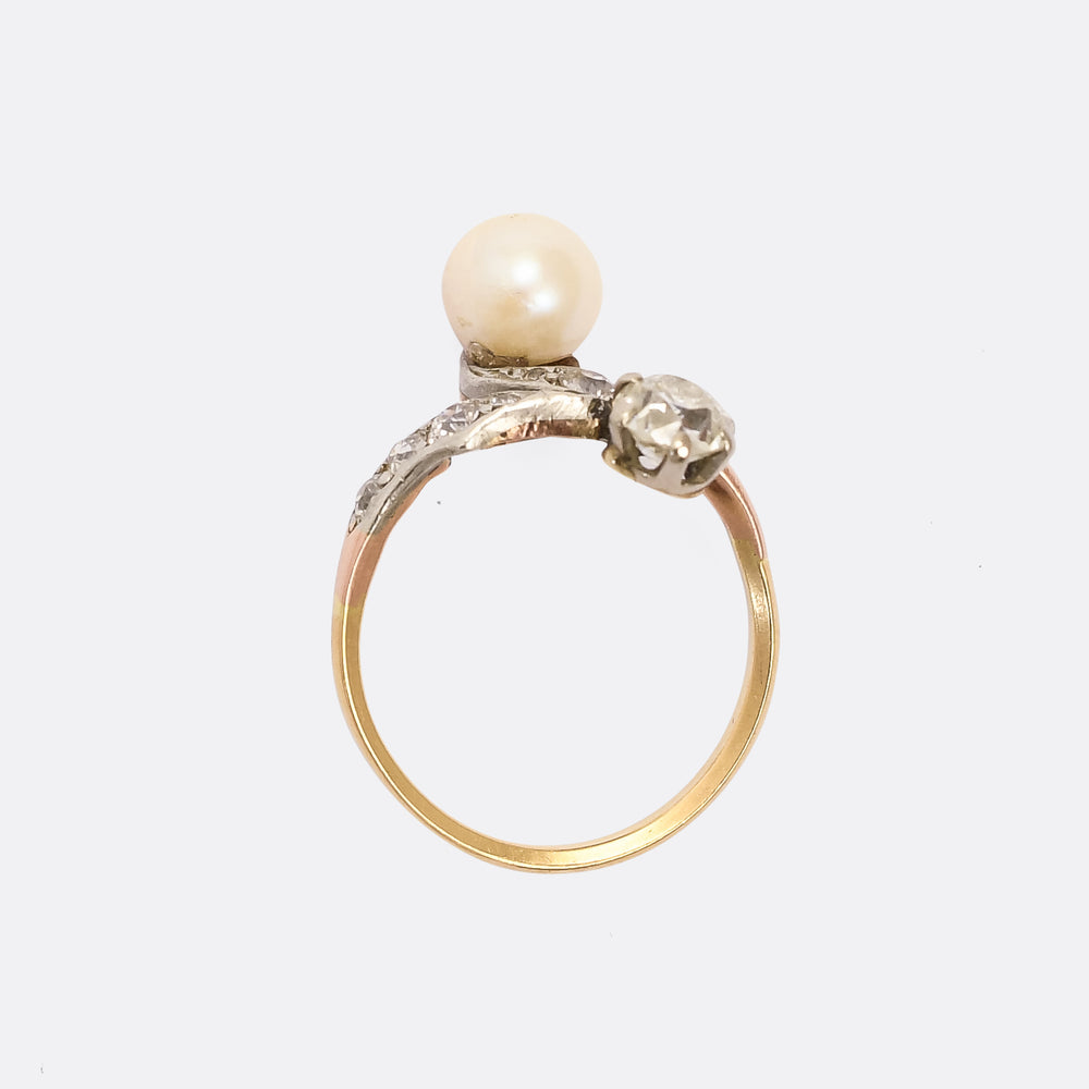 Art Nouveau Pearl & Diamond 'Toi et Moi' Ring