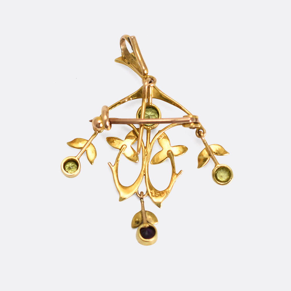 Art Nouveau Peridot, Amethyst & Pearl Lavaliere Pendant