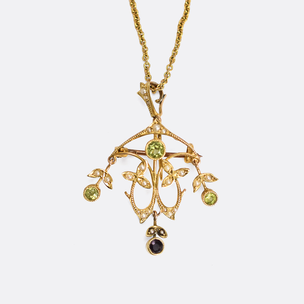 Art Nouveau Peridot, Amethyst & Pearl Lavaliere Pendant