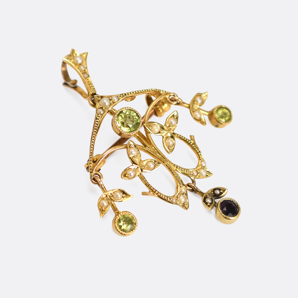 Art Nouveau Peridot, Amethyst & Pearl Lavaliere Pendant