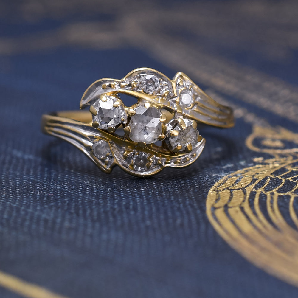 Art Nouveau Three-Stone Diamond Foliate Crossover Ring