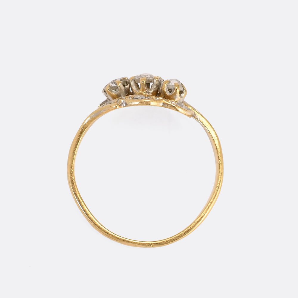 Art Nouveau Three-Stone Diamond Foliate Crossover Ring