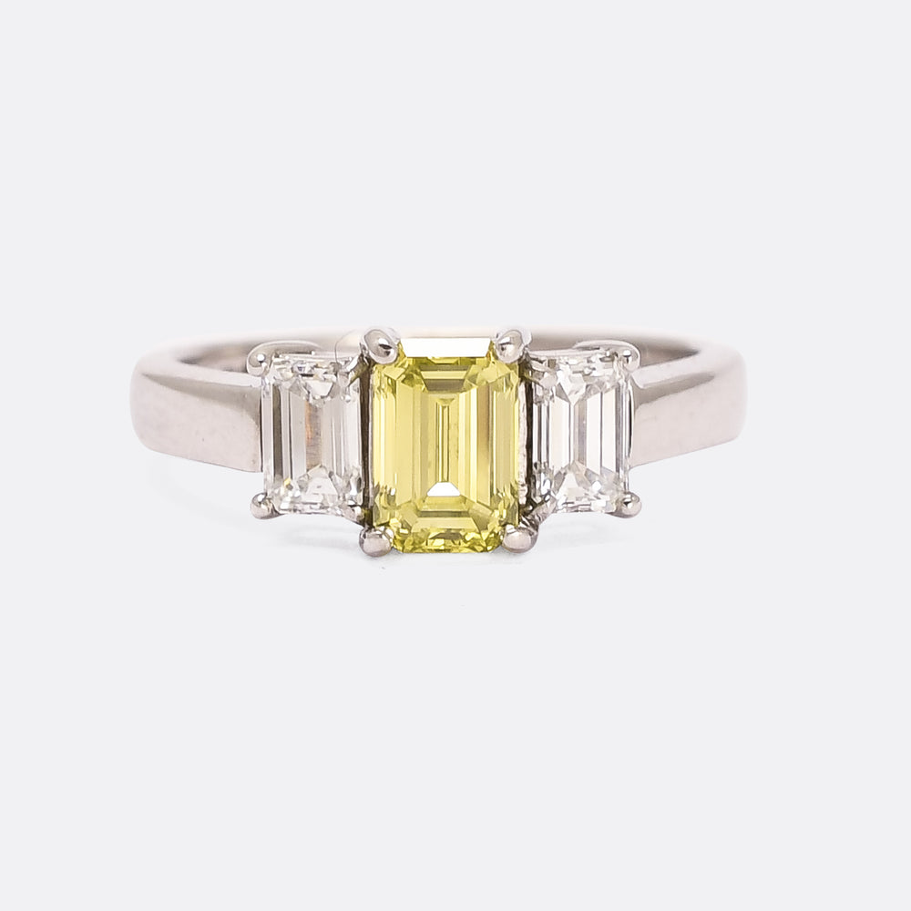 Contemporary Fancy Vivid Yellow Emerald Cut Diamond Trilogy Ring