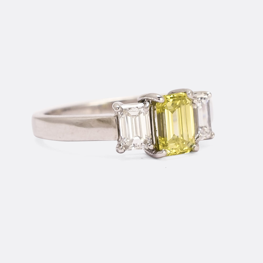 Contemporary Fancy Vivid Yellow Emerald Cut Diamond Trilogy Ring