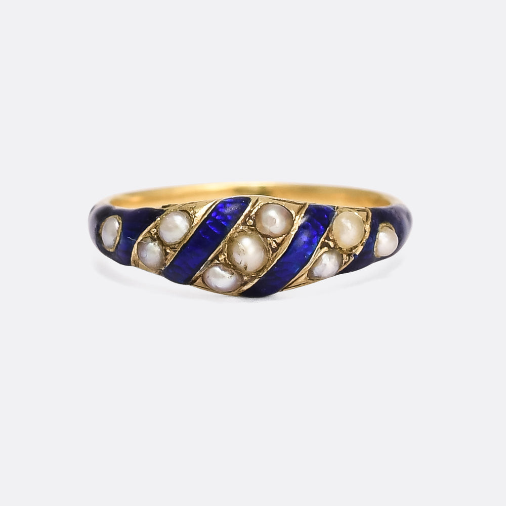 Early Victorian Blue Enamel & Pearl Locket Ring