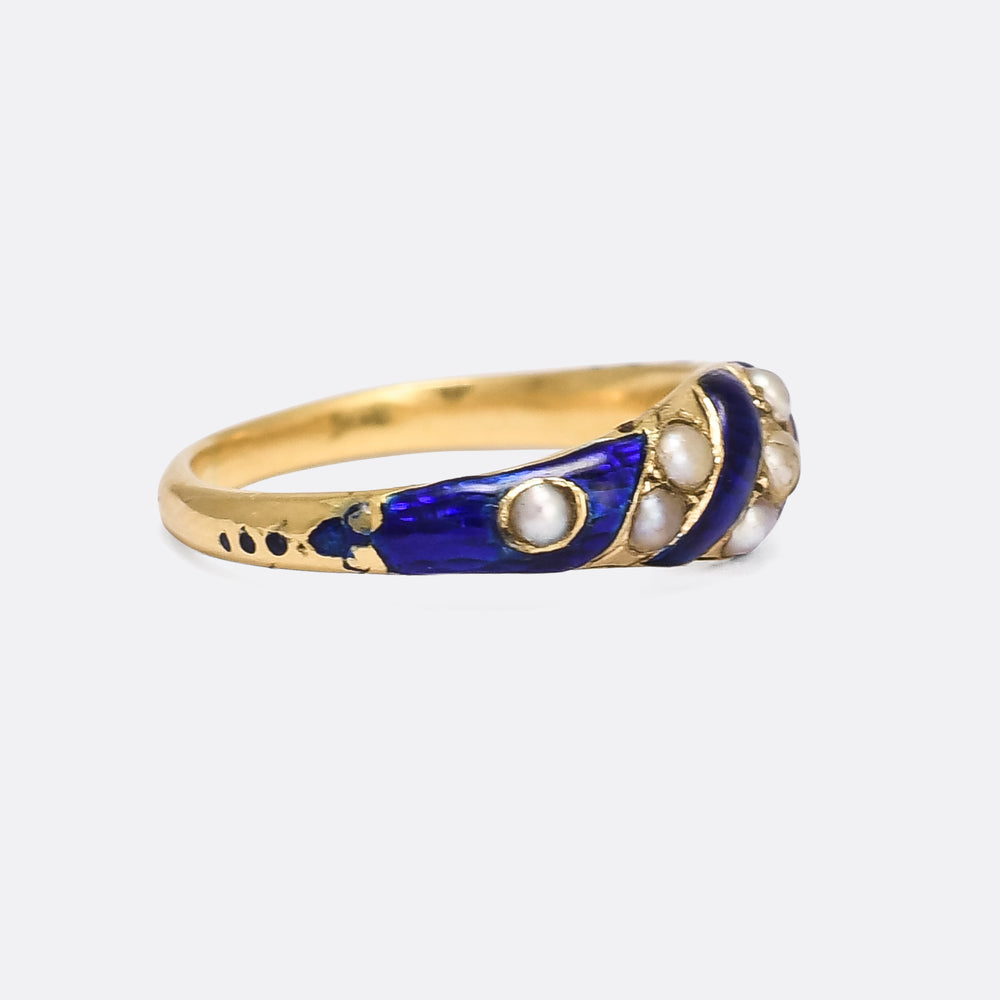 Early Victorian Blue Enamel & Pearl Locket Ring