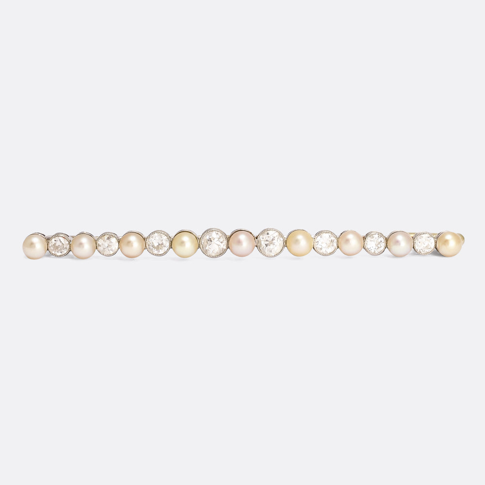Edwardian Diamond & Pearl Long Bar Brooch
