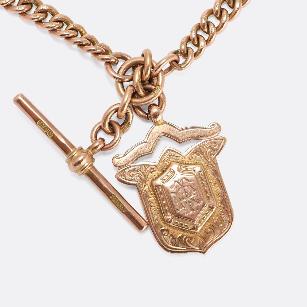 Edwardian Gold Double Albert Necklace With T-Bar and Shield