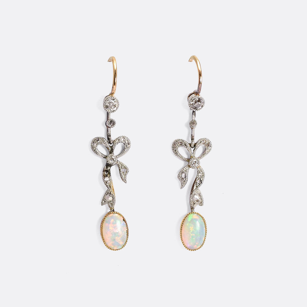 Edwardian Opal & Diamond Bow Earrings