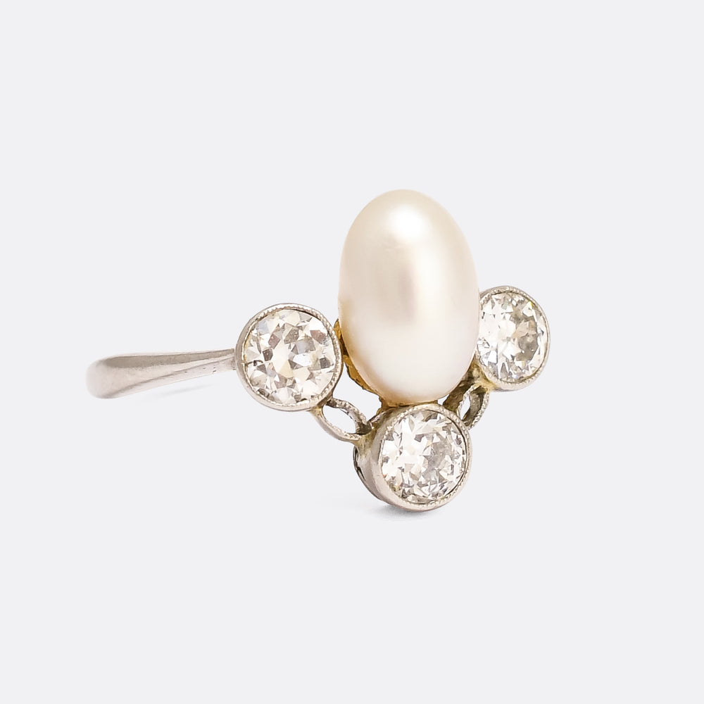Edwardian Oval Pearl & Diamond Cocktail Ring