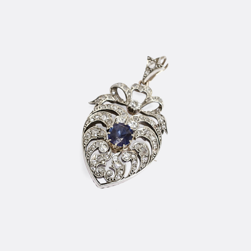 Edwardian Sapphire & Diamond Openwork Heart Pendant