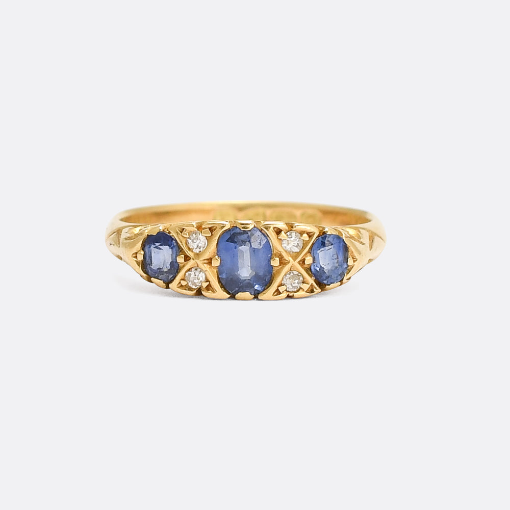 Edwardian Sapphire & Diamond Scrolled 3-Stone Ring