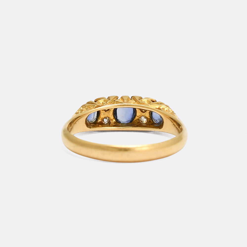 Edwardian Sapphire & Diamond Scrolled 3-Stone Ring