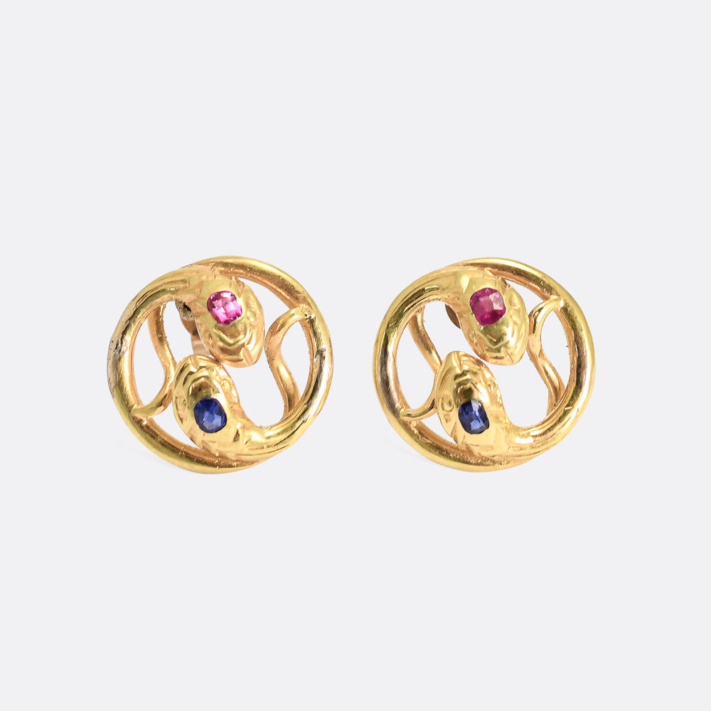 Edwardian Sapphire & Ruby Double Snake Earrings