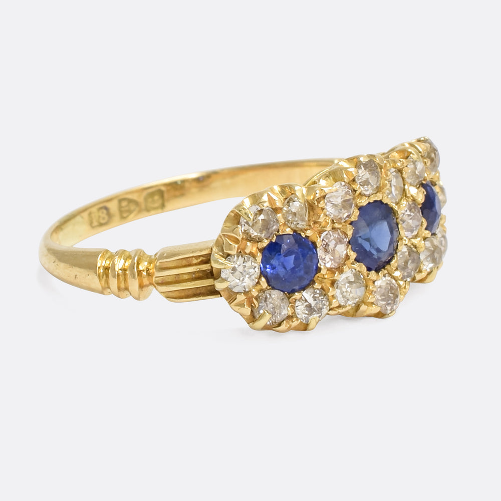 Edwardian Sapphire & Diamond Three-Stone Cluster Ring