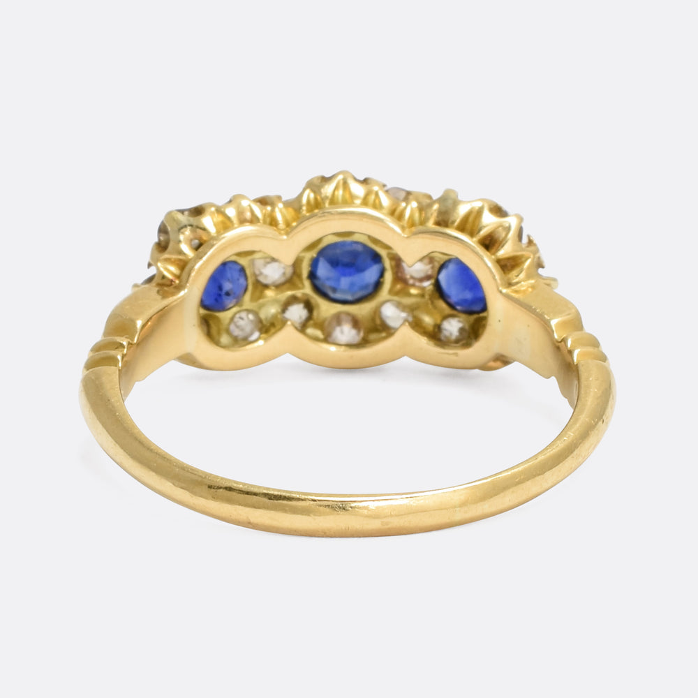 Edwardian Sapphire & Diamond Three-Stone Cluster Ring