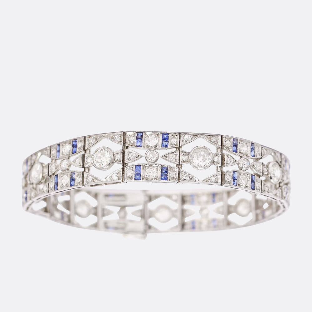 French Art Deco Diamond & Sapphire Millegrain Panel Bracelet