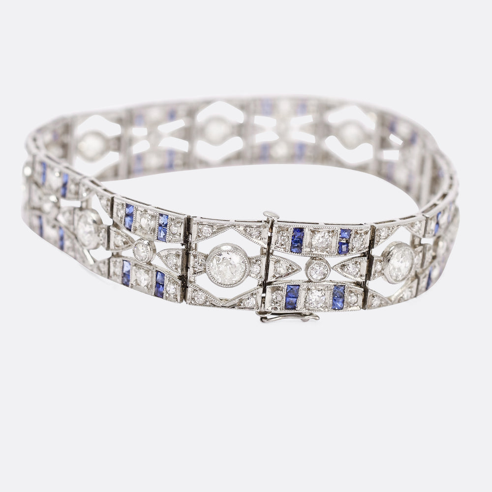 French Art Deco Diamond & Sapphire Millegrain Panel Bracelet