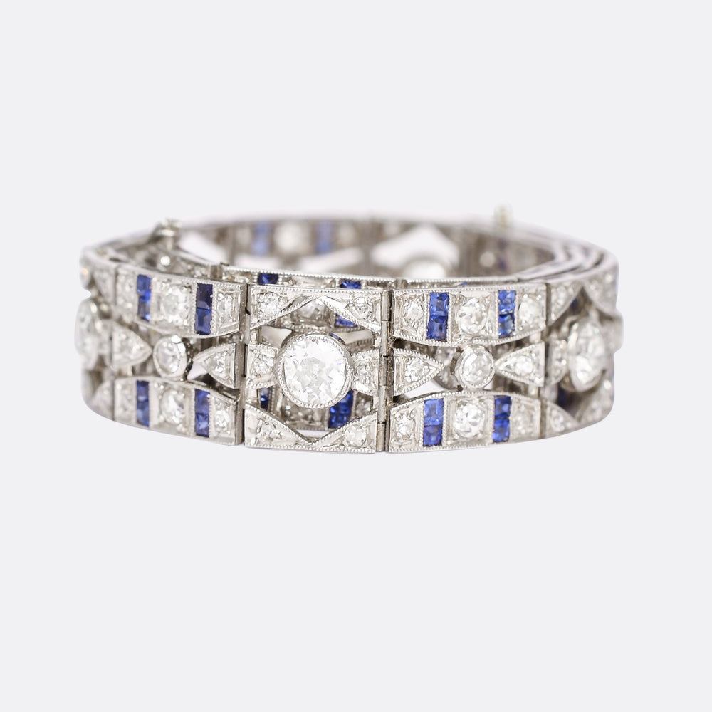 French Art Deco Diamond & Sapphire Millegrain Panel Bracelet