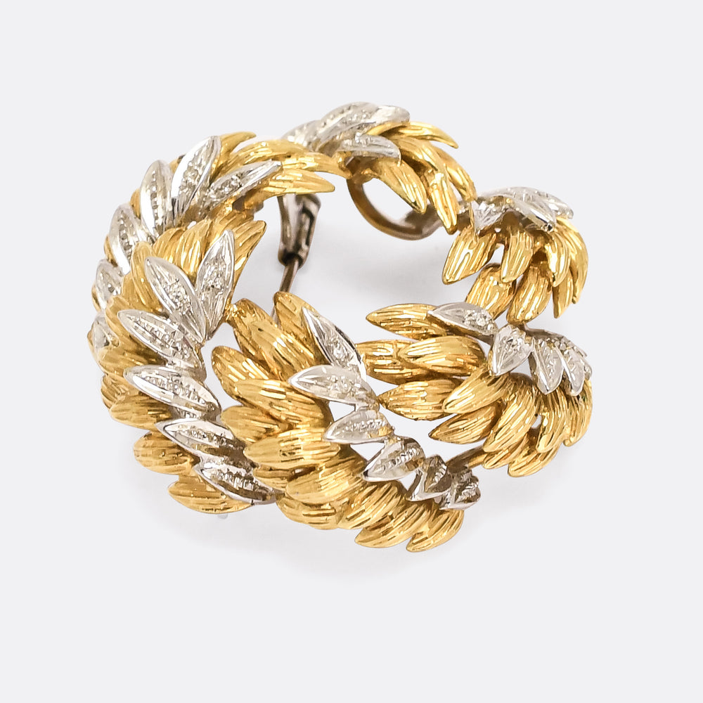 French Mid-Century Bi-Metal 18k Gold Wreath Brooch