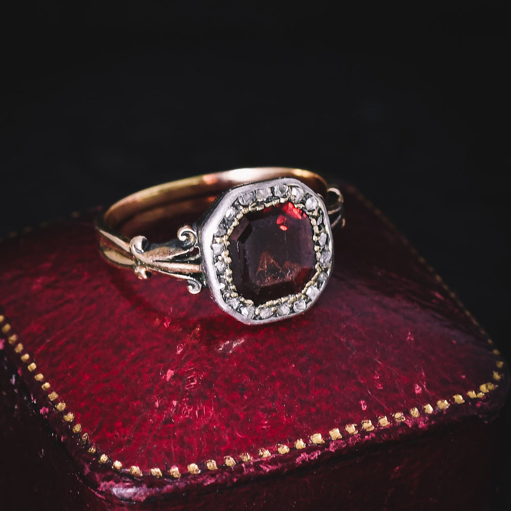Georgian Flat-Cut Garnet & Diamond Cluster Ring