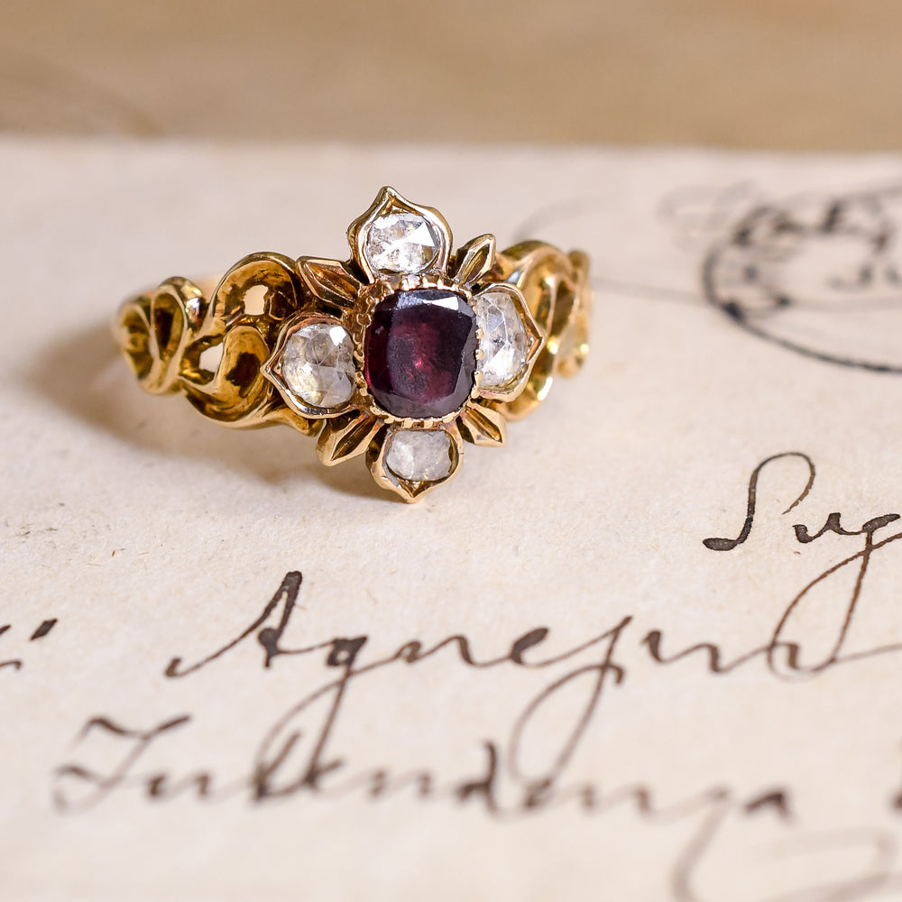 Georgian Garnet & Diamond Flower Cluster Ring