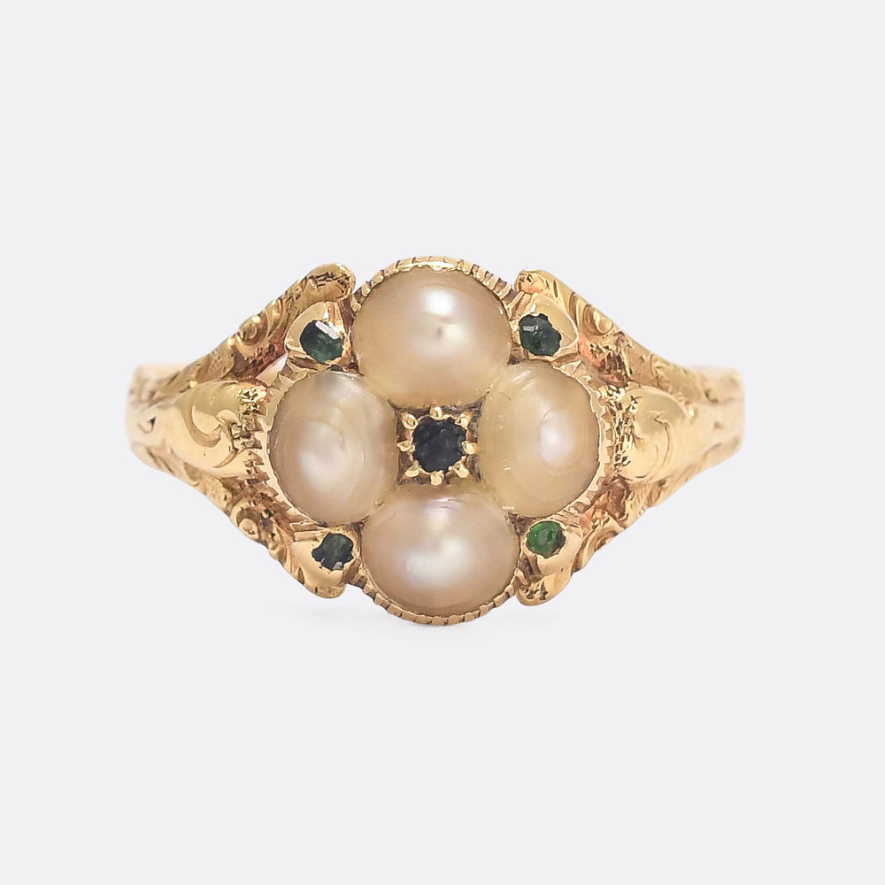 Georgian Pearl & Emerald Cluster Ring