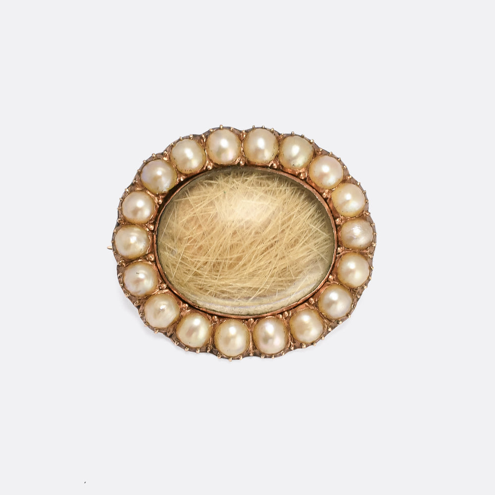Georgian Pearl & Hair Locket Lace Pin Brooch