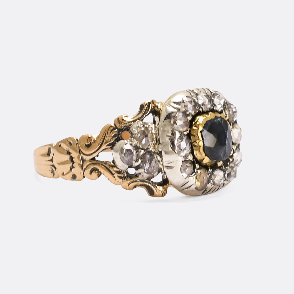 Georgian Sapphire & Diamond Cushion Cluster Ring