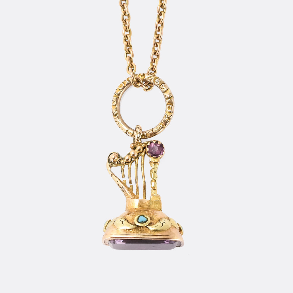 Georgian Turquoise & Amethyst Harp Fob Pendant