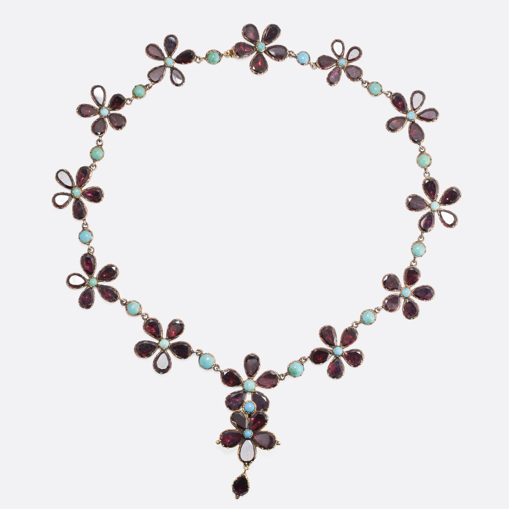 Georgian Garnet & Turquoise Flower Rivière Necklace