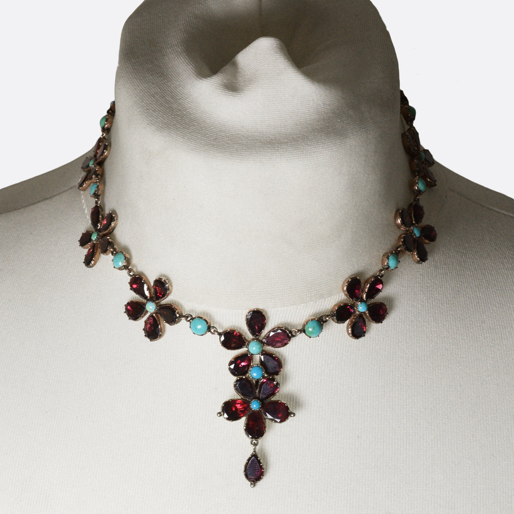 Georgian Garnet & Turquoise Flower Rivière Necklace