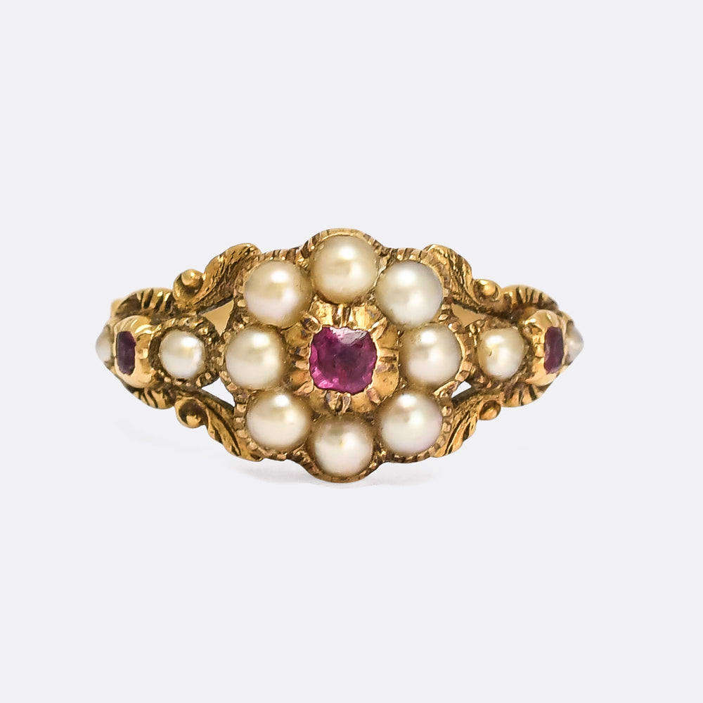Late Georgian Pearl & Ruby Flower Locket Ring